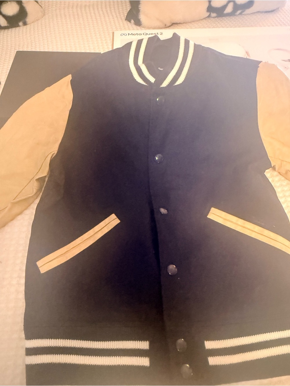 Boys Navy and Tan Varsity Jacket. Leather Sleeves